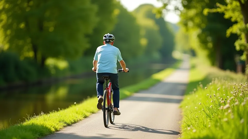Senior cyclist on a flat canal towpath in Ireland
