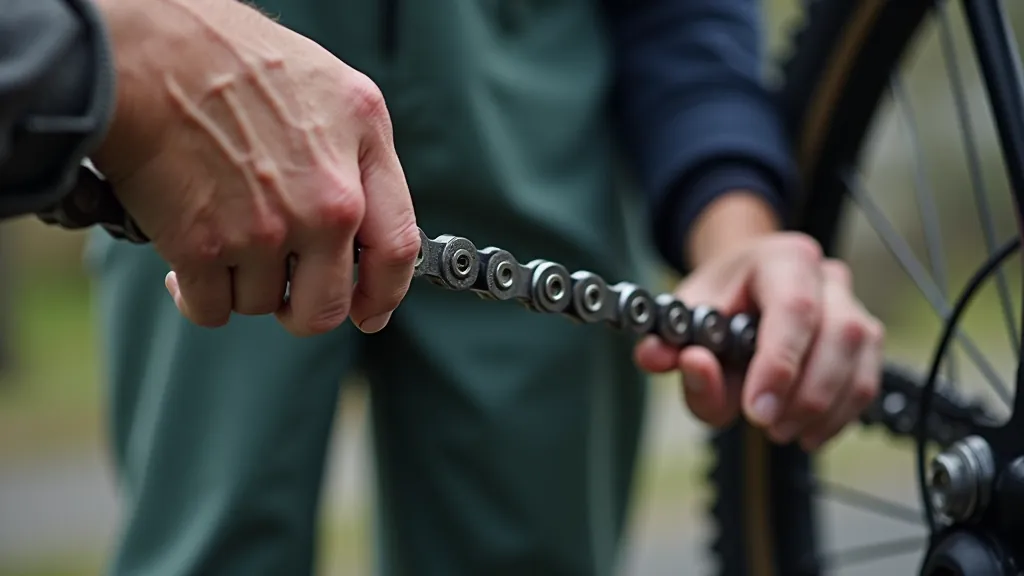 Bicycle chain being cleaned with brush and degreaser, close-up detail