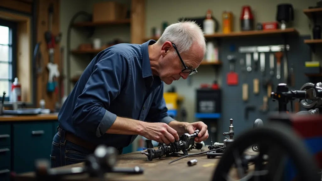 Professional bicycle mechanic working in shop on bike maintenance with tools and parts visible