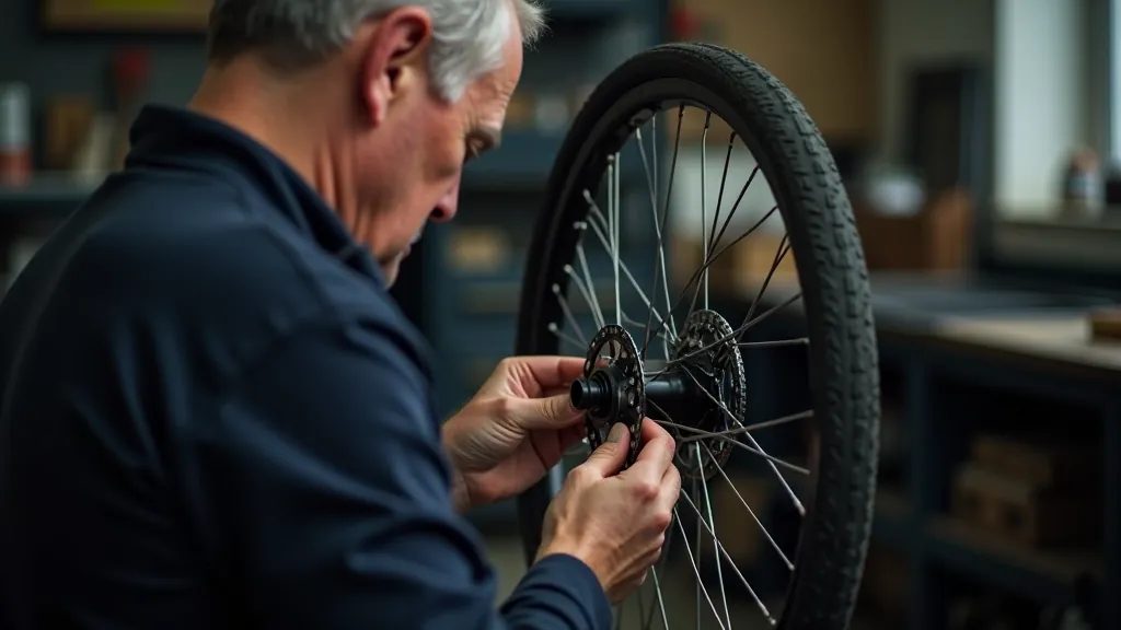 Bicycle wheel being checked for trueness using wheel truing stand, side view