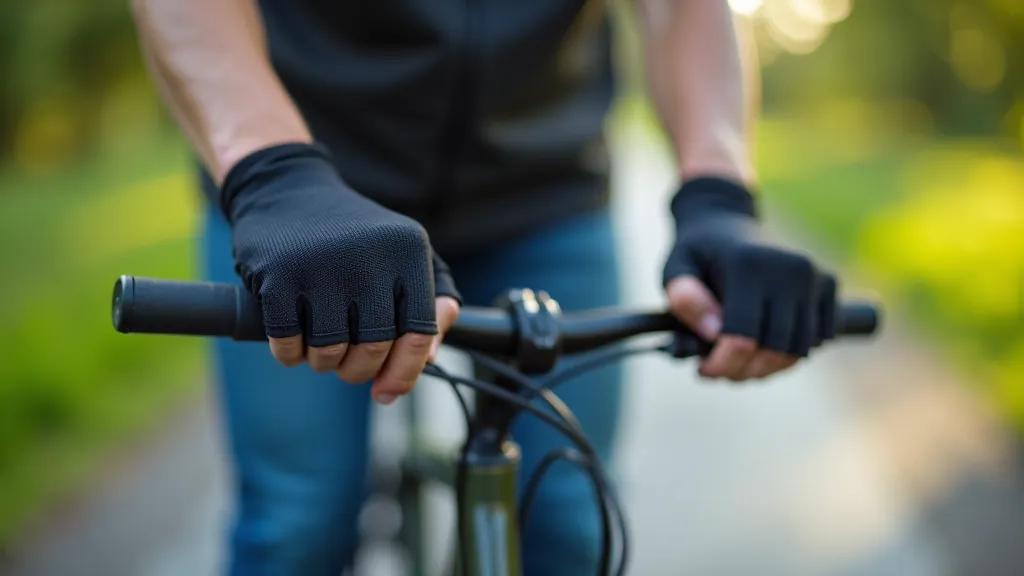 Close-up of cyclist's hands wearing padded gloves, gripping bike handlebars