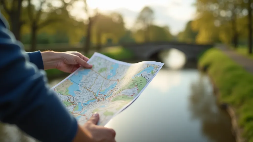 Close-up of cyclist checking route map on phone with canal bridge visible in background
