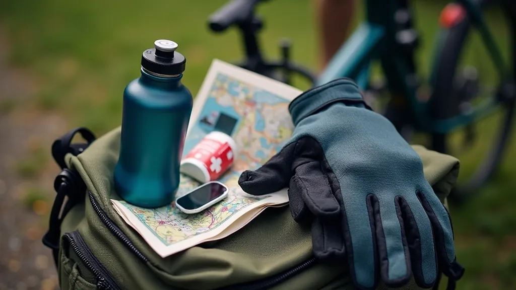 Cyclist's gear laid out showing water bottle, cycling gloves, route map, and portable phone charger on canvas bag