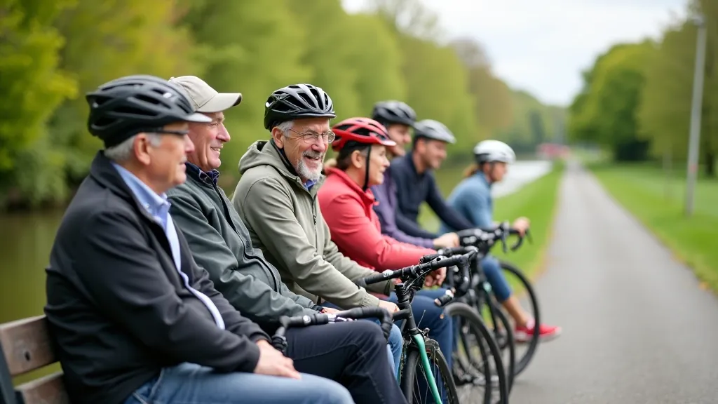 Group of senior cyclists taking a break on a scenic canal towpath