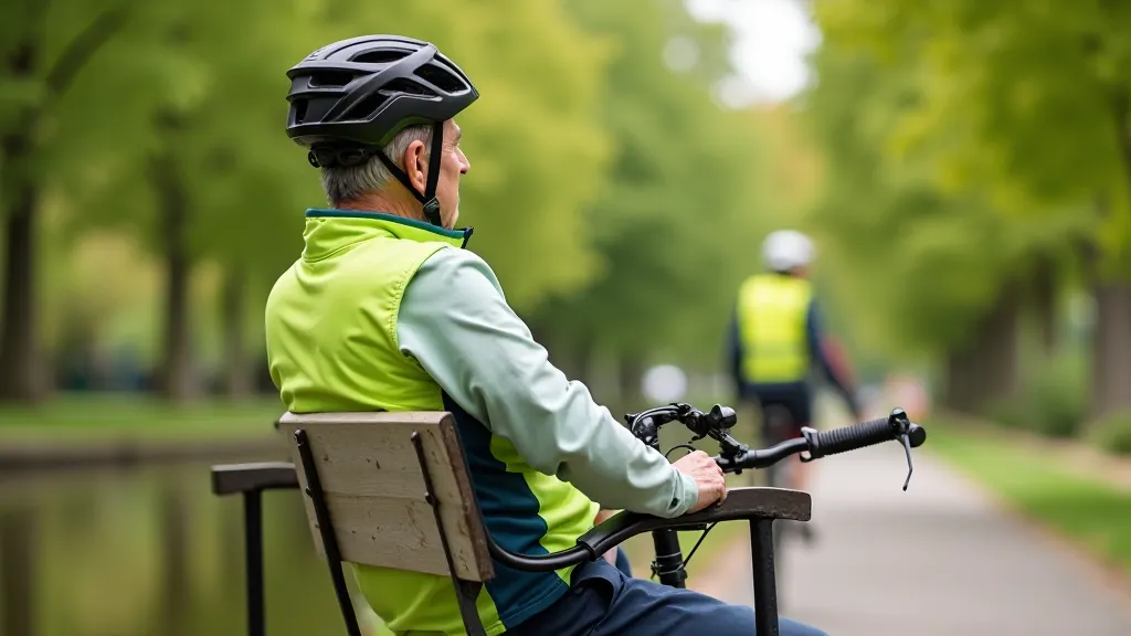 Senior cyclist wearing helmet and safety gear, resting on bench beside Barrow towpath