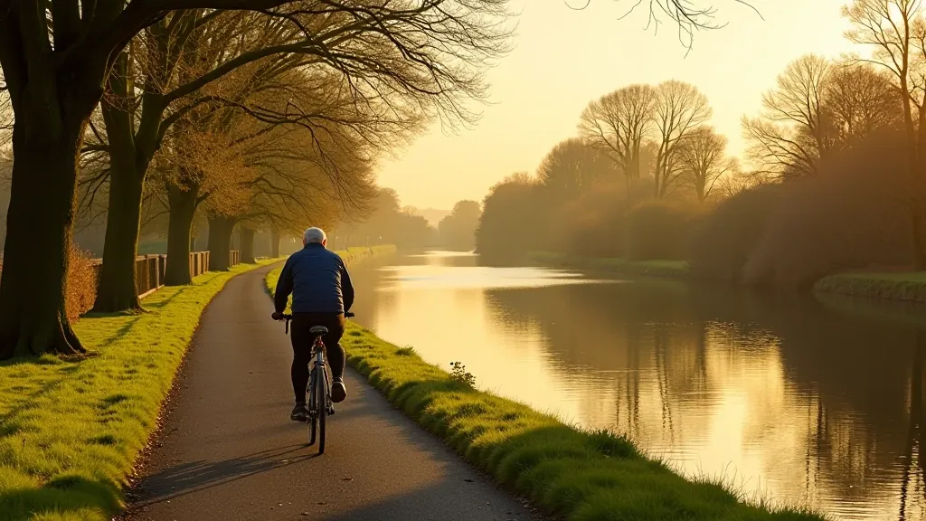 Scenic view of canal towpath lined with trees and water reflections in Ireland