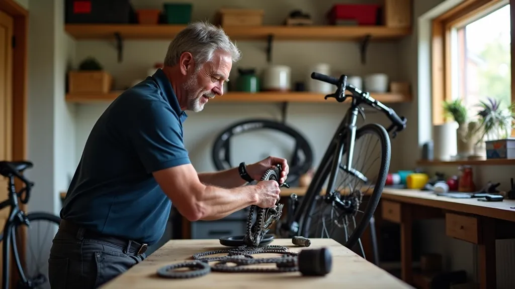 Senior cyclist checking bike gears and chain maintenance in home garage with tools nearby