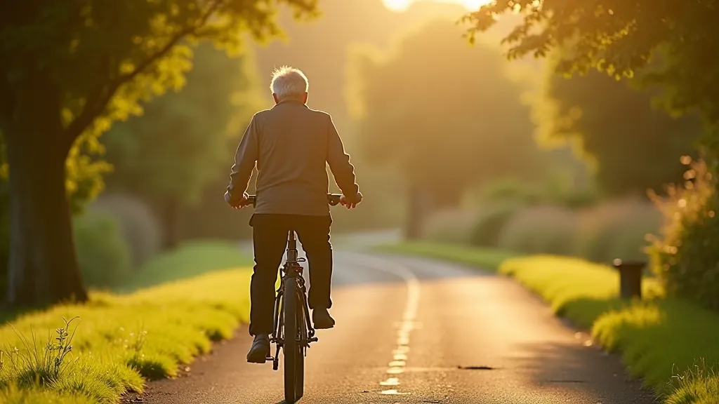 Senior cyclist on flat canal path with walking trail alongside, peaceful morning setting