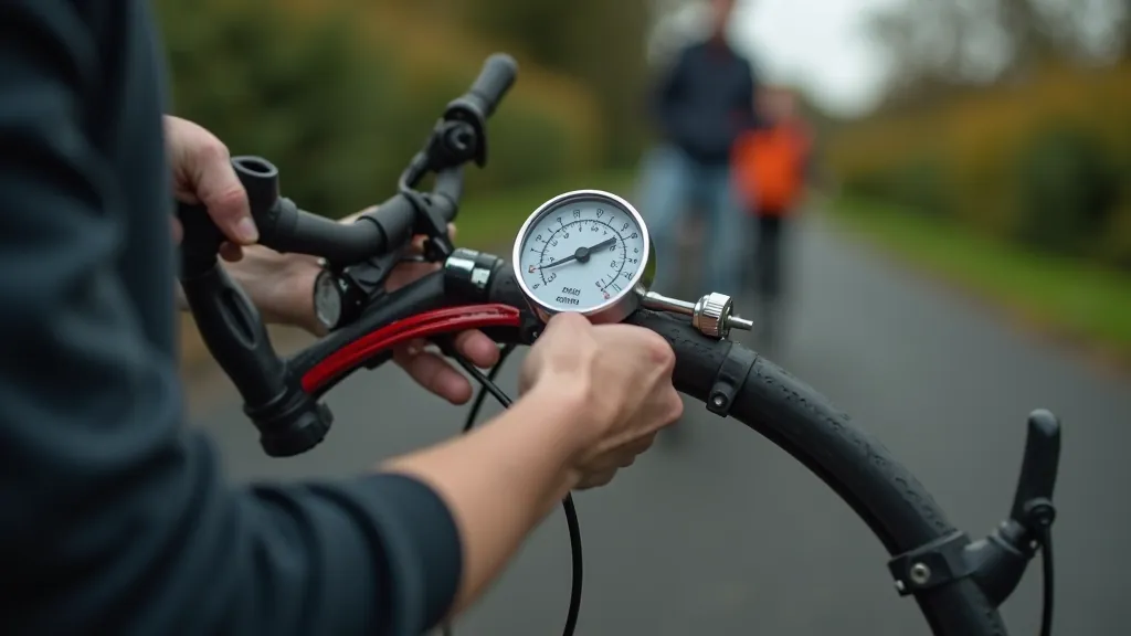 Tire pressure gauge being used on bicycle tire with pump visible