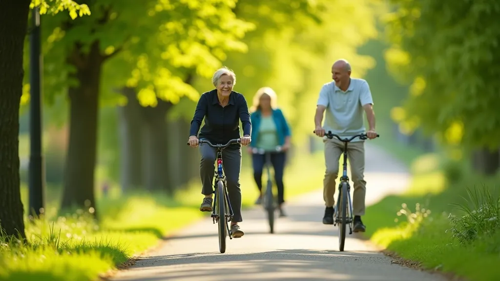 Two senior cyclists riding side by side on scenic canal towpath with lush green trees and water reflection
